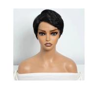 perruque femme naturelle Perruque courte en cheveux humains lisses coupe Pixie 13x6x1, avec dentelle transparente sur le devant perruque femme(Noir)