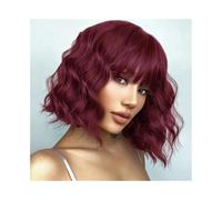 perruque femme naturelle Perruque courte ondulée rouge 100% cheveux humains avec frange for femme perruque femme(20inches)