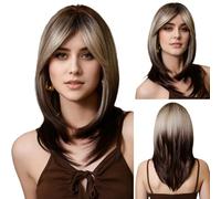 Perruque Femme Naturelle Perruques Cheveux pour les Femmes Perruque Blonde avec Franges 22 Pouces Longs Cheveux Synthétiques Longueur d'épaule Perruque Dégradé Brun Or