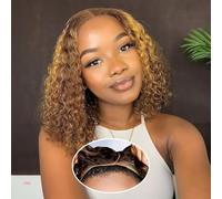 Perruque Femme Naturelle Pre Cut Lace 4x4 Lace Wig Human Hair Glueless Highlight Ombre 4/27 Bresilien Bouclée Cheveux Humain Perruque Sans Colle Wear to Go Deep Curly 16 Pouces Glueless Bob Wig