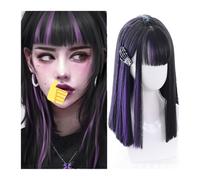 Perruque Femme Perruque de cheveux raides de longueur moyenne avec frange, perruque synthétique à reflets violets et frange noire, perruque de cosplay quotidienne d'aspect naturel for femmes et filles