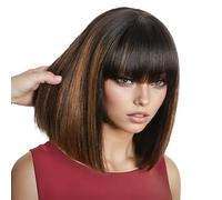 Perruque Femme Perruque Lace Closure Wig naturelle courte et lisse, cheveux humains, avec frange, à mettre en place emporter, minimaliste, réaliste, reflets bruns, 2x1, for femmes(10inches)