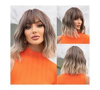 Perruque Femme Perruques bob courtes bouclées brun cendré avec racine foncée, perruque bob ondulée synthétique avec frange cheveux naturels ombre perruque bob résistante à la chaleur for femme fille W