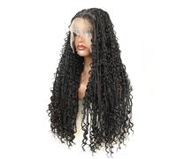 Perruque Femme Perruques tressées 13x6, perruque synthétique en dentelle suisse nouée à la main avec tresses bohémiennes hair wigs(Black,32inch)