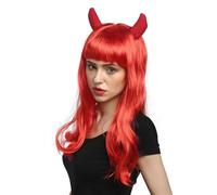 Perruque Femmes Halloween Carnaval Long Rouge Cornes Horns Diablesse Frange