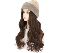 Perruque for femme bonnet tricoté, bonnet tricoté chaud d'hiver, bonnet for femme, perruque en tricot avec extensions de cheveux bouclés ondulés de 19,6 pouces de long, perruque en tricot chaud d'hive