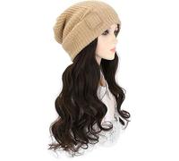 Perruque for femme bonnet tricoté, bonnet tricoté chaud d'hiver, bonnet for femme, perruque en tricot avec extensions de cheveux bouclés ondulés de 19,6 pouces de long, perruque en tricot chaud d'hive
