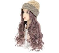 Perruque for femme bonnet tricoté, bonnet tricoté chaud d'hiver, bonnet for femme, perruque en tricot avec extensions de cheveux bouclés ondulés de 19,6 pouces de long, perruque en tricot chaud d'hive