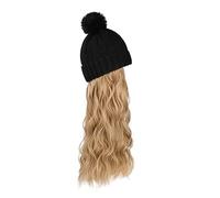 Perruque for femme bonnet tricoté, bonnet tricoté chaud d'hiver, chapeau perruque bonnet tricoté avec cheveux for femme bonnet perruque extension de cheveux longs ondulés for l'hiver beige noir bonnet