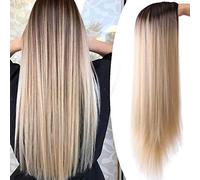 Perruque Frange Dorée Teinte Longue Perruque De Cheveux Raides Femmes Naturel Dégradé De Couleur Résistant À La Chaleur Synthétique Perruque Gris Perruques Pour Femmes (T6 365)