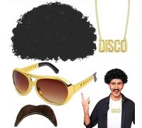 Perruque funky - Tenue disco - Perruque afro - Costume hippie - Cheveux afro hippie des années 70 avec lunettes de soleil - Moustache, collier et lunettes de soleil - Années 50/60/70