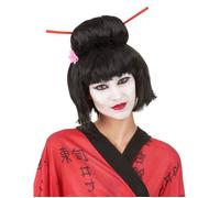 Perruque - Geisha noire - Cheveux synthétiques - Chignon avec fleur - Frange droite