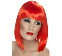 Perruque Glam Rouge Néon Courte À Frange Pour Femmes Costume Fantaisie