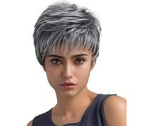 Perruque grise avec frange coupe Pixie - Cheveux courts - Pour femme blanche - Synthétique - Gris argenté naturel - Résistante à la chaleur