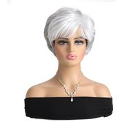 Perruque grise courte de 25,4 cm pour femme, perruque synthétique grise avec frange pour femme, aspect naturel, perruque de cheveux courts et duveteux pour femmes d'âge moyen et plus âgées