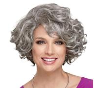 Perruque grise ondulée courte de 12 pouces for femmes, perruques synthétiques avec frange for un usage quotidien, cosplay, festival et fête Effet naturel et Volumineux