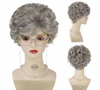 Perruque grise pour vieille dame, lunettes de grand-mère, collier de perles, 3 pièces/ensemble, perruque de cosplay pour grand-mère pour enfant, pour l'école de Noël, Thanksgiving Day-764-1set