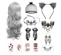 Perruque Halloween Femme, Cheveux Bouclés Gris Argentés Longueur Moyenne, Ensemble Accessoires Gothiques pour Halloween, Mardi Gras, Fête