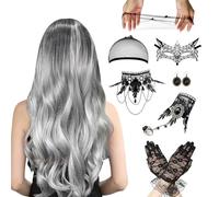 Perruque Halloween Femme,Halloween Wig Ladies Grey,Long Wavy Silver Grey Wig,Perruque Grise Halloweens Femme,Ombre Grise Longue Ondulée,Pour Halloweens Cosplay Party