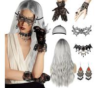 Perruque Halloween Femme Perruque Grise, Set De 7 Perruques Femme, 70cm Halloween Wig Ladies Grey,Long Wavy Silver Grey Wig,Necklace Bracelet Lace Gloves Earrings Mask For Halloween Masquerade Cosplay
