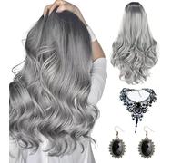 Perruque Halloween Femme, Perruques Naturelle, 65cm Gris Ombré Longue Bonnet Perruque avec Filet à Cheveux Collier et d'Oreilles pour Deguisement Halloween Femme Cosplay Fête (Noir)