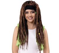 Perruque hippie des années 90 - Cheveux longs - 66 cm - Marron - Pour adulte - Accessoire de costume de carnaval