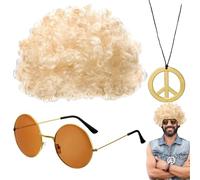 Perruque hippie et lunettes de soleil | Lunettes de soleil et collier hippie pour homme | Kit de costume rétro Hip Hop Disco, Disco, Accessoires de costume disco pour homme des années 70