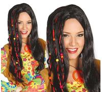 Perruque Hippie noires tresses de cheveux longs avec des rubans rouges et perles 70