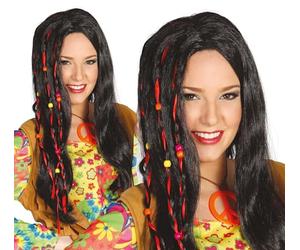 Perruque Hippie noires tresses de cheveux longs avec des rubans rouges et perles 70
