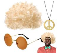 Perruque Hippie - Perruque Afro Disco, lunettes de soleil originales et collier | Accessoires de costume rétro des années 70 pour hommes, ensemble de décoration de fête à thème et Halloween 3 pièces