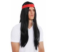 Perruque Homme 70s Hippie Indien Noir Long Lisse Crête Moyen Bandeau