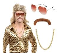 Perruque Homme Annee 80 70, Perruque Mulet 90s Rock Cheveux Longue Carnaval Deguisement Annee 80 Perruque Popstar Disco Wig Accessoire Lunettes Fausse Moustache Collier Cosplay Bad Taste Party