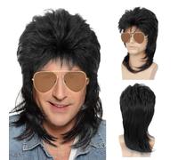 Perruque homme, perruque mulet avec lunettes de soleil, perruque homme années 80 90, perruque rocker punk pour carnaval, Mardi Gras, Cosplay fête d'Halloween (noir)