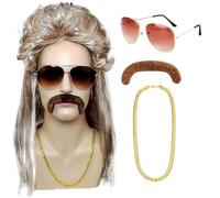 Perruque Hommes Couleur Cuivre Clair Mulet des Années 80, Cuivre Clair Longue Perruques Avec Lunettes de Soleil, Fausse Barbe, Collier, Cosplay, Disco, Halloween Perruques