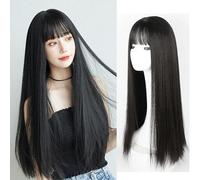 Perruque Japonaise Femme Cheveux Longs Et Raides Perruque Naturelle Noire Longue Frange D'Air Droite