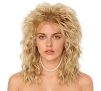 Perruque jupe des années 70 et 80 avec boucles d'oreilles, collier, perruque de Vokuhila, pour femme, jupe diva, fête à thème, carnaval, mascarade (marron)