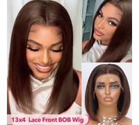 Perruque lace front en cheveux humains châtain chocolat, carré lisse, brun foncé, densité 180, 13x4 lace frontale transparente, perruque carré en cheveux humains, pré-épilée avec des baby hair Cheveux