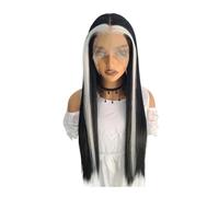 Perruque lace front lisse noire et blanche 13×4, fibre synthétique résistante à la chaleur, densité 150, sans colle, for usage quotidien des femmes Extensions de cheveux(24 inch)