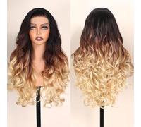 Perruque Lace Front Synthétique Ombré Marron à Blond HD 13x6 sans Colle Racines Noires Dégradé de Trois Couleurs Ondulée de 24 Pouces Prête à Porter pour Femmes Noires et Blanches 1B/30/27