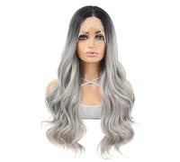 Perruque Lace Front Wig en Fiber synthétique 13x4, longue vague de corps ample, naissance des cheveux pré-épilée de 26 pouces for femmes Effet naturel et Volumineux(Sliver)