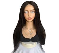 Perruque Lace Front Wig naturelle lisse, cheveux humains, 4x4 HD, sans colle, noir naturel, for femmes noires(18inch)