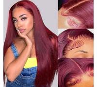 Perruque Lace Front Wig synthétique lisse rouge bordeaux, perruques de cheveux humains avec cheveux de bébé, naissance des cheveux naturelle, perruque de cheveux synthétiques for Halloween Cosplay Cos