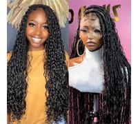 Perruque Lace Front Wig Tressée Bohémien Box, Perruque Synthétique Marron Foncé Avec Extrémités Bouclées Pour Femmes