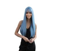 Perruque lisse de 71 cm de long avec frange, en fibres synthétiques résistantes à la chaleur, for femme, usage quotidien. Effet naturel et Volumineux(Blue)