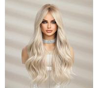 Perruque longue bou de 26 pouces avec frange médiane blonde. Perruque naturelle pour femme avec simulation de cuir chevelu. Idéal pour un cadeau de l'Aïd, le cosplay, les fêtes, les mariages et le