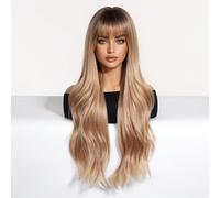 Perruque longue bou de 26 pouces de couleur cuivrée rougeâtre, convenant aux femmes. Volumineuse et brillante avec des franges, idéale pour les fêtes et le port quotidien Fibre haute température