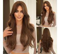 Perruque Longue Brune De 32 Pouces Avec Frange,Naturels Perruque OnduléE En Cheveux SynthéTiques Avec Raie Au Milieu Pour Femmes,Facile à Coiffer,RéSistante à La Chaleur