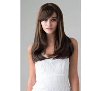 Perruque longue châtain chocolat, coupe au rasoir encadrant le visage : Catherine chestnut brown with blonde highlights #8H27