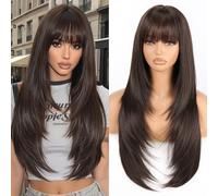 Perruque longue droite Allbell châtaine foncée avec frange, 26 pouces, en fibre synthétique résistante à la chaleur pour un look naturel au quotidien et pour les fêtes.