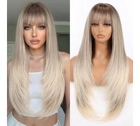 Perruque longue droite Allbell grise ombrée avec frange, 26 pouces, en fibre synthétique résistante à la chaleur pour un look naturel au quotidien et lors des fêtes.